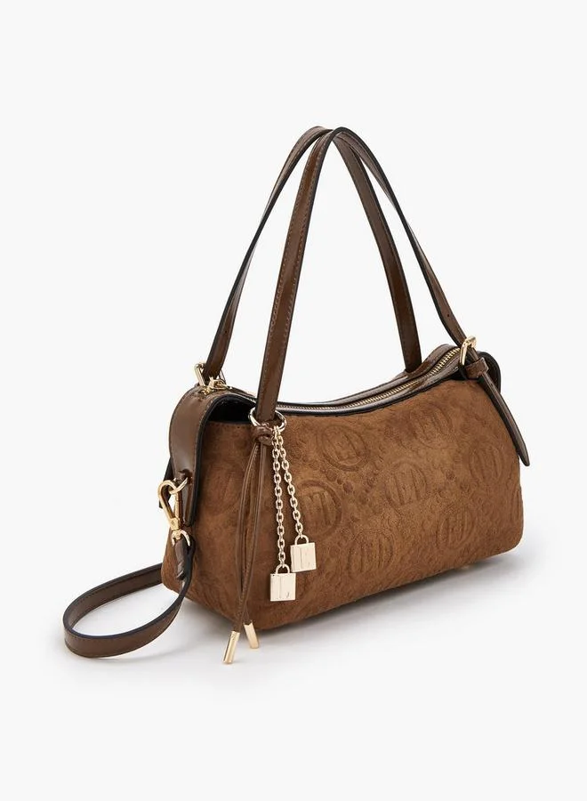 Elle BROWN Monogram Textured Shoulder Bag With Charm Accent for Women | Best Price UAE