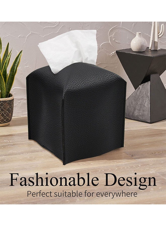 Peachjoy Tissue Box Cover, Square Decorative PU Leather Tissue Box Holder Modern Tissue Case Facial Paper Organizer Dispenser for Bathroom, Vanity Countertop, Night Stands, Desk, Car 5X5X5'' | Black - Image 2
