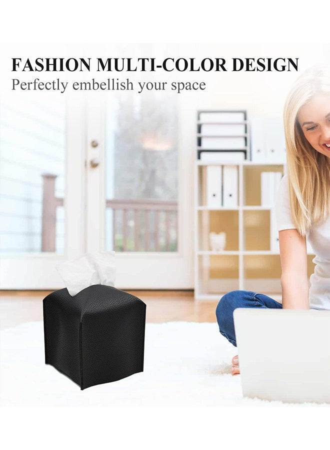 Peachjoy Tissue Box Cover, Square Decorative PU Leather Tissue Box Holder Modern Tissue Case Facial Paper Organizer Dispenser for Bathroom, Vanity Countertop, Night Stands, Desk, Car 5X5X5'' | Black - Image 3
