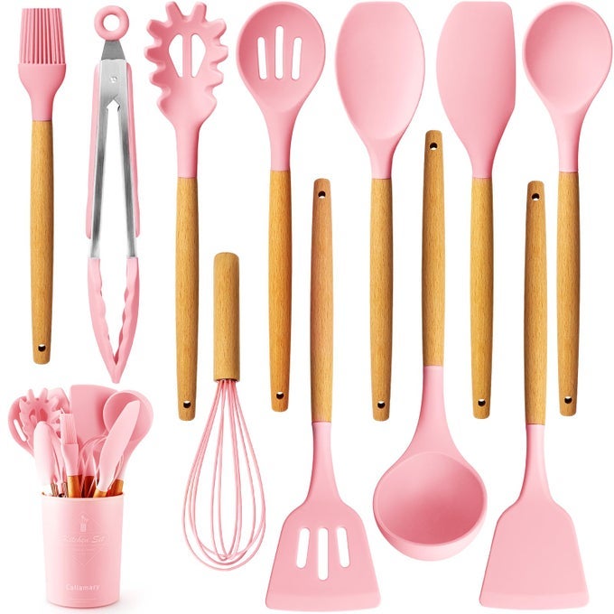 SILICONE KITCHEN UTENSIL SET 11 PIECES COOKING UTENSIL WITH WOODEN HANDLES UTENSIL HOLDER FOR NONSTICK COOKWARE SPOON SOUP LADLE SLOTTED TURNER WHISK TONGS BRUSH PASTA SERVER PINK