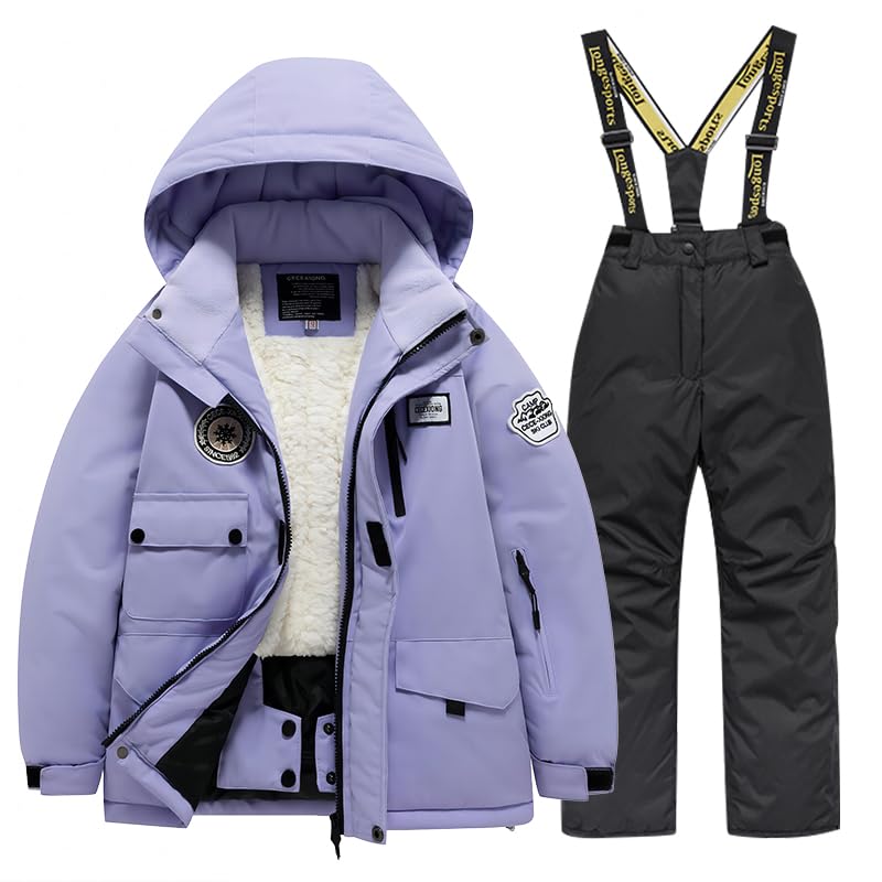 HOTIAN Boys Winter Kids 2 Piece Ski Suit Thicken Warm Hooded Jacket and Ski Pants Snowsuit Snowboarding Clothespurpleblack12 - Image 1