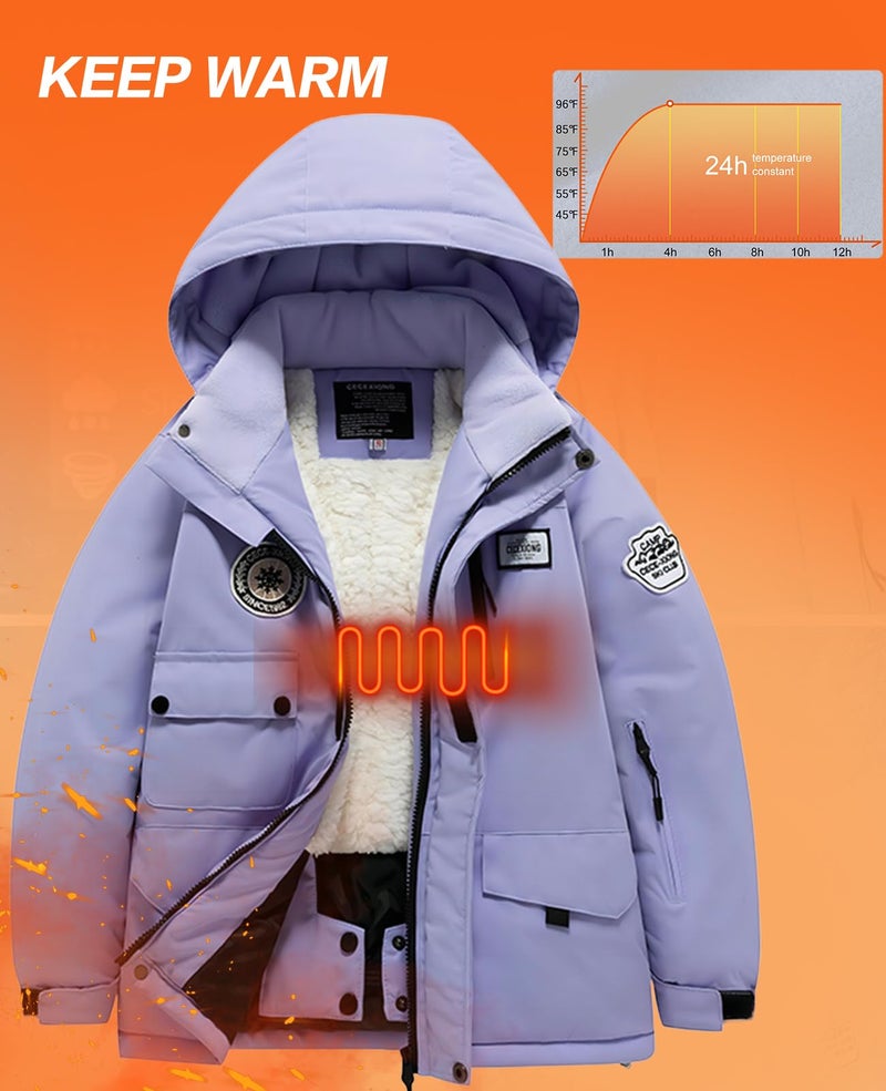HOTIAN Boys Winter Kids 2 Piece Ski Suit Thicken Warm Hooded Jacket and Ski Pants Snowsuit Snowboarding Clothespurpleblack12 - Image 3