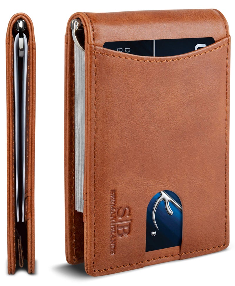 SERMAN BRANDS RFID Blocking Slim Bifold Genuine Leather Minimalist Front Pocket Wallets for Men with Money Clip Thin Gift (Dark Caramel 1.S) - Image 1