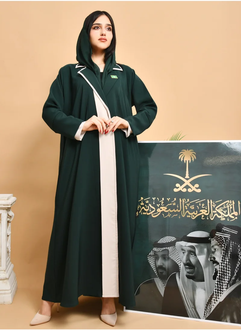 HAWRAA ABAYA Elegant abaya with a blazer design in green with beige color overlay