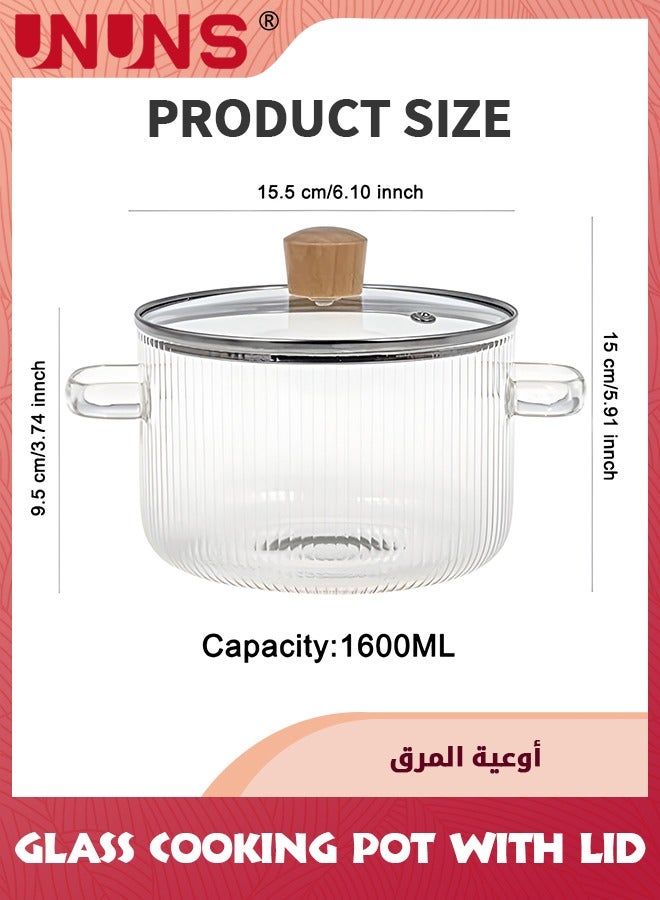 Glass Cooking Pot With Lid,1600ML Heat Resistant Borosilicate Glass Cookware Stovetop Pot Set,Paella Pan Simmer Pot With Cover Safe For Soup,Milk,Baby Food