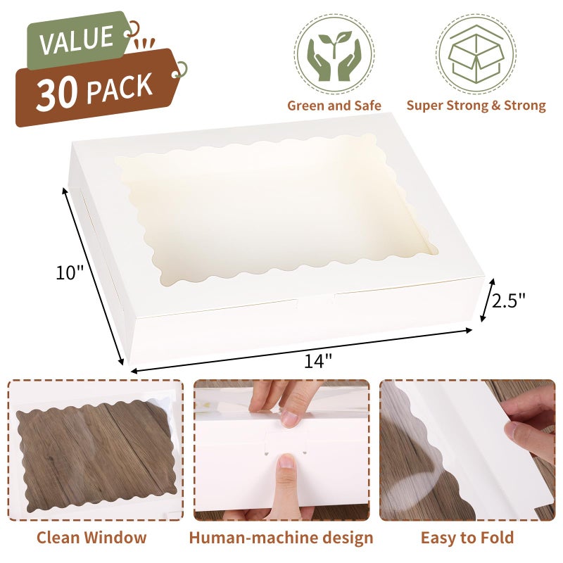 TOMNK 30pcs Cookie Boxes, 14x10x2.5 Inch Large Bakery Boxes with Window for Treats, Pies, Chocolate Strawberries Muffins, Donuts, Dessert - Image 2