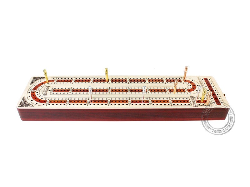 House of Cribbage Continuous Cribbage Board Alphabet e Shape Inlaid in Maple and Bloodwood with Storage Drawer for Cribbage pegs 12.4"" - 3 Tracks - House of Cribbage - Image 3