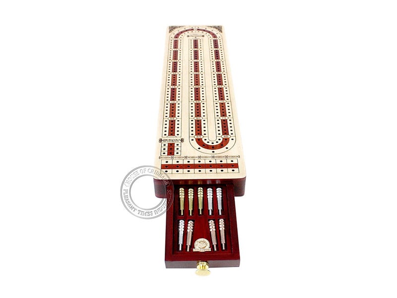 House of Cribbage Continuous Cribbage Board Alphabet e Shape Inlaid in Maple and Bloodwood with Storage Drawer for Cribbage pegs 12.4"" - 3 Tracks - House of Cribbage - Image 4