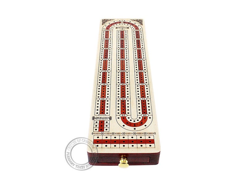 House of Cribbage Continuous Cribbage Board Alphabet e Shape Inlaid in Maple and Bloodwood with Storage Drawer for Cribbage pegs 12.4"" - 3 Tracks - House of Cribbage - Image 5