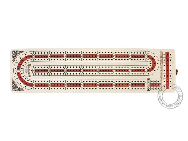 House of Cribbage Continuous Cribbage Board Alphabet e Shape Inlaid in Maple and Bloodwood with Storage Drawer for Cribbage pegs 12.4"" - 3 Tracks - House of Cribbage - Image 2