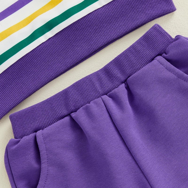 GOOCHEER Toddler Baby Boy Mardi Gras Outfit Button Collar Striped Long Sleeve Sweatshirt Pullover and Pants Set (Purple, 18-24 Months) - Image 5