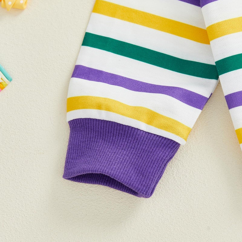 GOOCHEER Toddler Baby Boy Mardi Gras Outfit Button Collar Striped Long Sleeve Sweatshirt Pullover and Pants Set (Purple, 18-24 Months) - Image 4