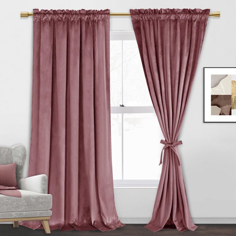 JIUZHEN Wild Rose Velvet Curtains 90 inches for Living Room - Thermal Insualted Room Darkening Rod Pocket Thick Velvet Window Drapes for Bedroom/Dining Room  Set of 2 with Tiebacks  W60 x L90inches - Image 1