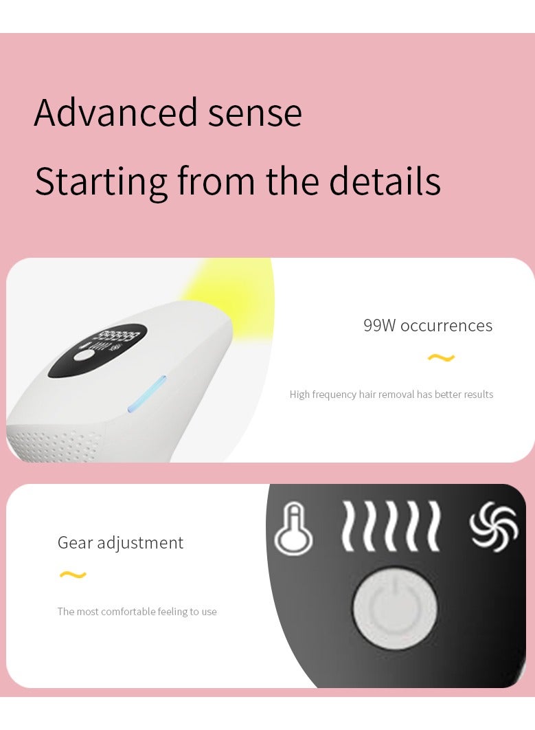جهاز إزالة الشعر بالليزر المحمول IPL في البيت، جهاز لإزالة الشعر للستات والرجالة، إزالة شعر دائم، 999999 ومضة، وظيفة تبريد بالثلج، ممكن استخدامه على الإبطين، الساقين، الذراعين، خط البكيني والوجه. - Image 3