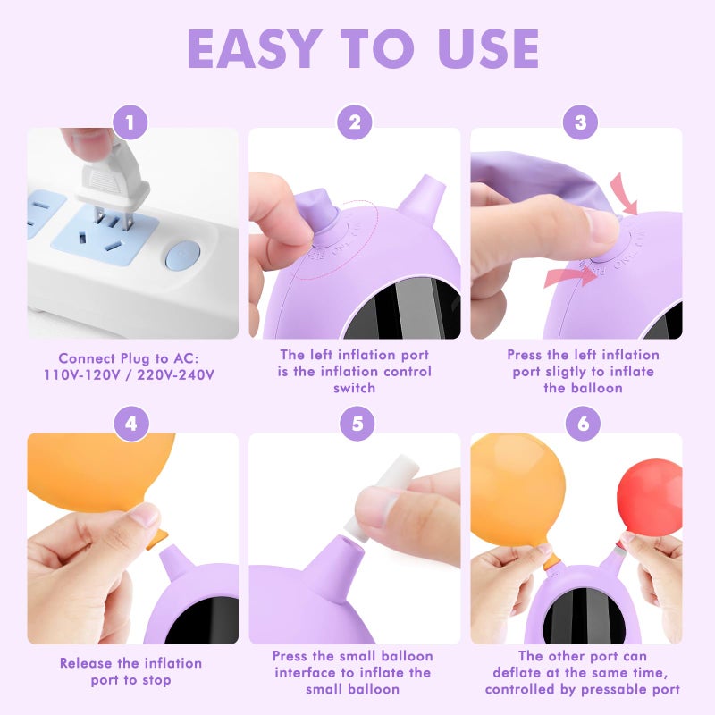 Splaks Electric Air Balloon Pump, Portable Dual Nozzle Balloon Blower Machine Inflate for Party Decoration (Purple) - Image 3