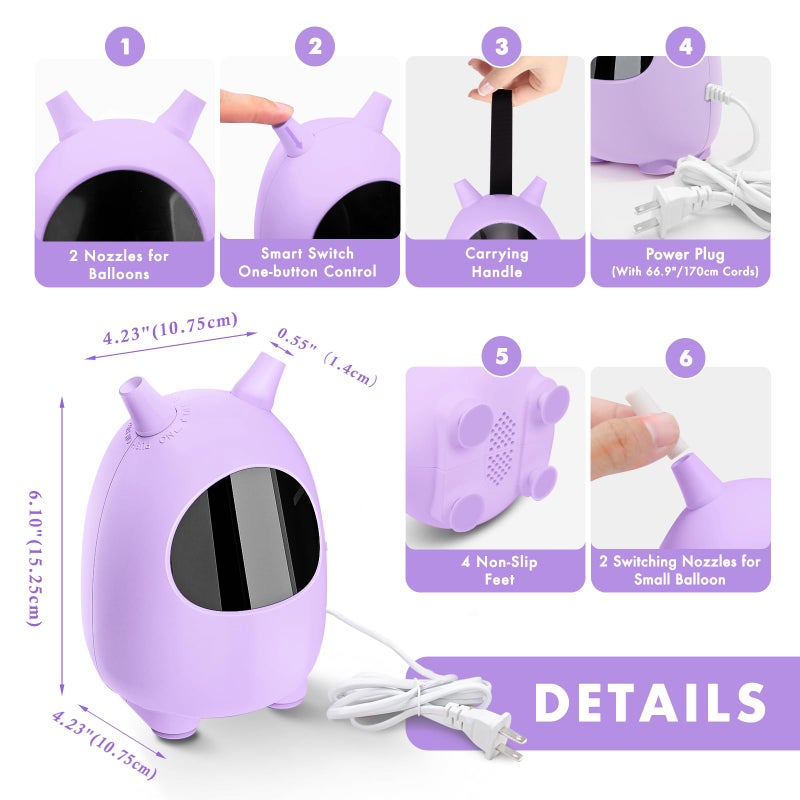 Splaks Electric Air Balloon Pump, Portable Dual Nozzle Balloon Blower Machine Inflate for Party Decoration (Purple) - Image 4