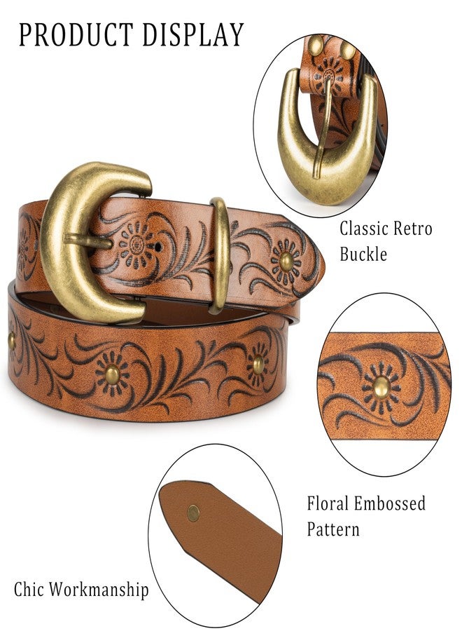 Mealah Vintage Western-Cowboy-Belt for Women Men - Carved Buckle PU Leather Waist Belts (for Waist 28"-38"), Retro Flowers-brown, for 28"-38" waist - Image 3