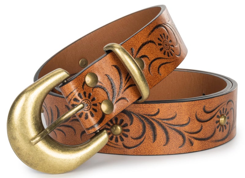 Mealah Vintage Western-Cowboy-Belt for Women Men - Carved Buckle PU Leather Waist Belts (for Waist 28"-38"), Retro Flowers-brown, for 28"-38" waist - Image 1