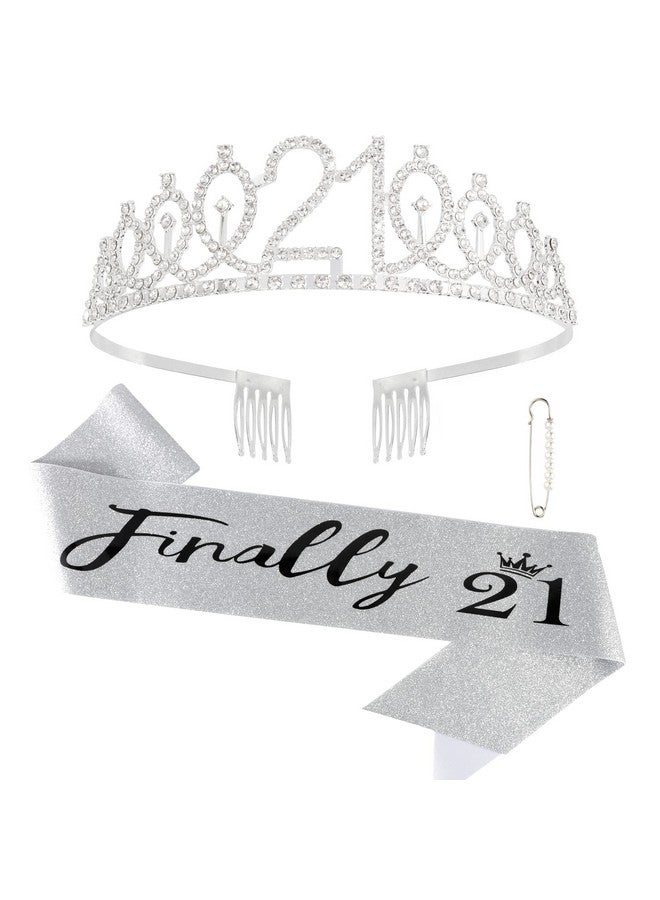 Semato 21St Birthday Decorations For Her "Finally 21" Birthday Sash And Rhinestone Crown Tiara Set For Girls 21St Birthday Gifts For Happy 21St Birthday Party Favor Supplies (Silver) - Image 2