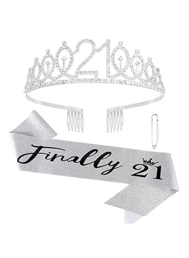 Semato 21St Birthday Decorations For Her "Finally 21" Birthday Sash And Rhinestone Crown Tiara Set For Girls 21St Birthday Gifts For Happy 21St Birthday Party Favor Supplies (Silver) - Image 1