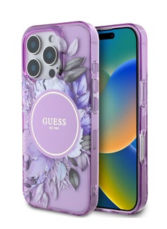 GUESS MagSafe IML Transparent Hard Case With Flower Design & Tonal Circle Logo for iPhone 16 Pro Max / Lightweight / High Quality Material - Purple  - Image 2