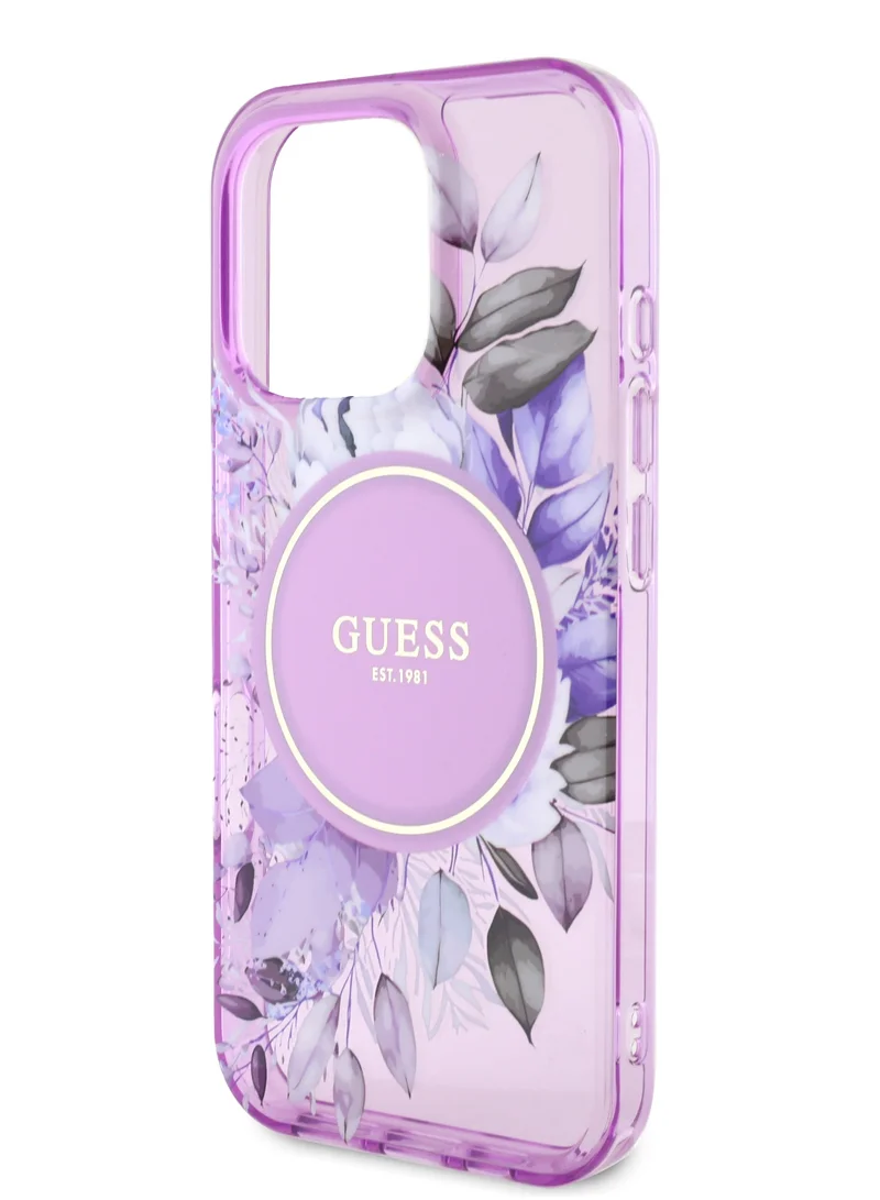 GUESS MagSafe IML Transparent Hard Case With Flower Design & Tonal Circle Logo for iPhone 16 Pro Max / Lightweight / High Quality Material - Purple