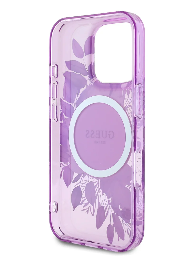 GUESS MagSafe IML Transparent Hard Case With Flower Design & Tonal Circle Logo for iPhone 16 Pro Max / Lightweight / High Quality Material - Purple