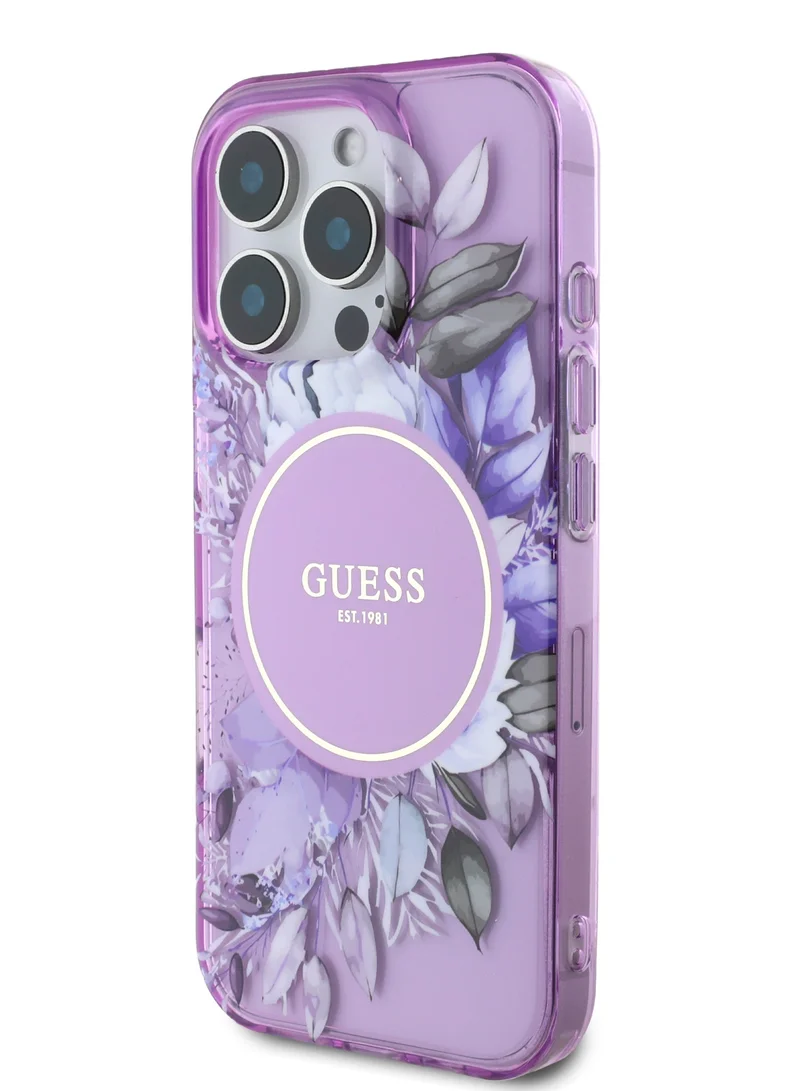 GUESS MagSafe IML Transparent Hard Case With Flower Design & Tonal Circle Logo for iPhone 16 Pro Max / Lightweight / High Quality Material - Purple