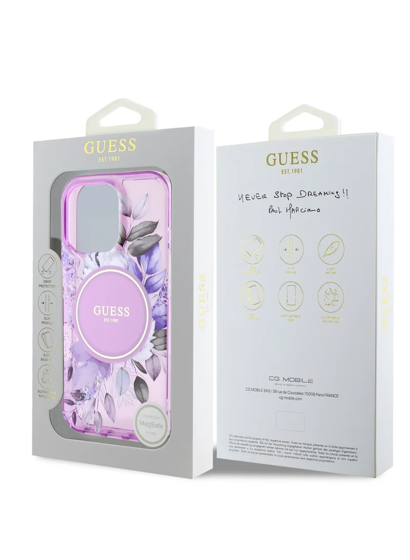GUESS MagSafe IML Transparent Hard Case With Flower Design & Tonal Circle Logo for iPhone 16 Pro Max / Lightweight / High Quality Material - Purple