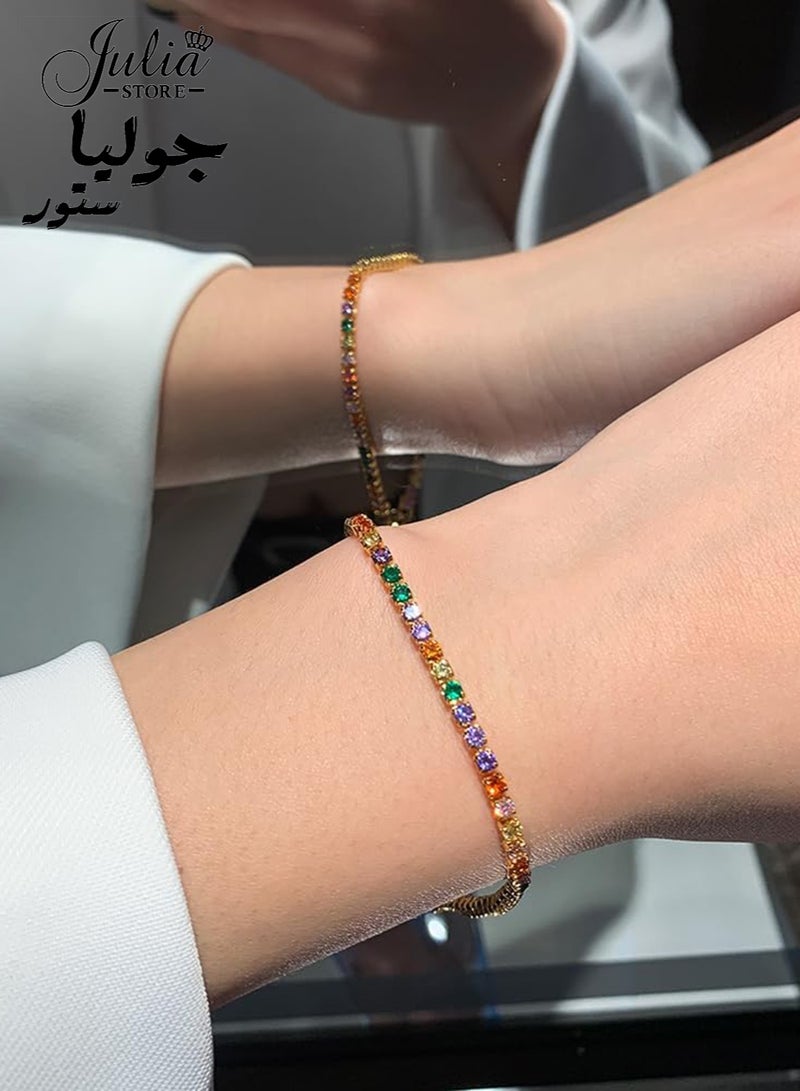 Julia Store 18K Gold Plated 3mm High Carbon Diamond Trendy Tennis Bracelet Classic Women's Design, Suitable for Everyone Colorful Cubic Zirconia Classic Tennis Bracelet - Image 2