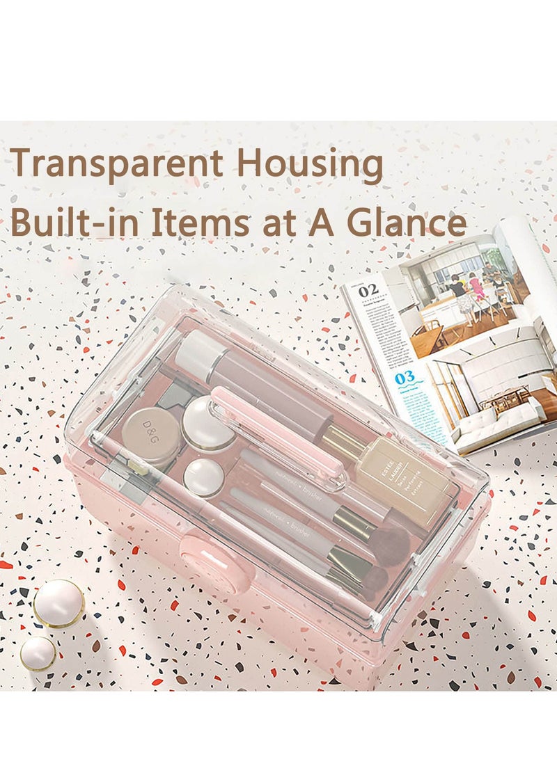 Zikra Makeup Storage Organizer, Large Capacity Makeup Organizer with Transparent Visual Cover, Handle 3 Layers Portable Cosmetic Storage Box Easily Organize Your Cosmetics(Pink) - Image 3