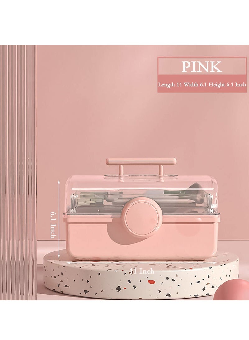 Zikra Makeup Storage Organizer, Large Capacity Makeup Organizer with Transparent Visual Cover, Handle 3 Layers Portable Cosmetic Storage Box Easily Organize Your Cosmetics(Pink) - Image 2