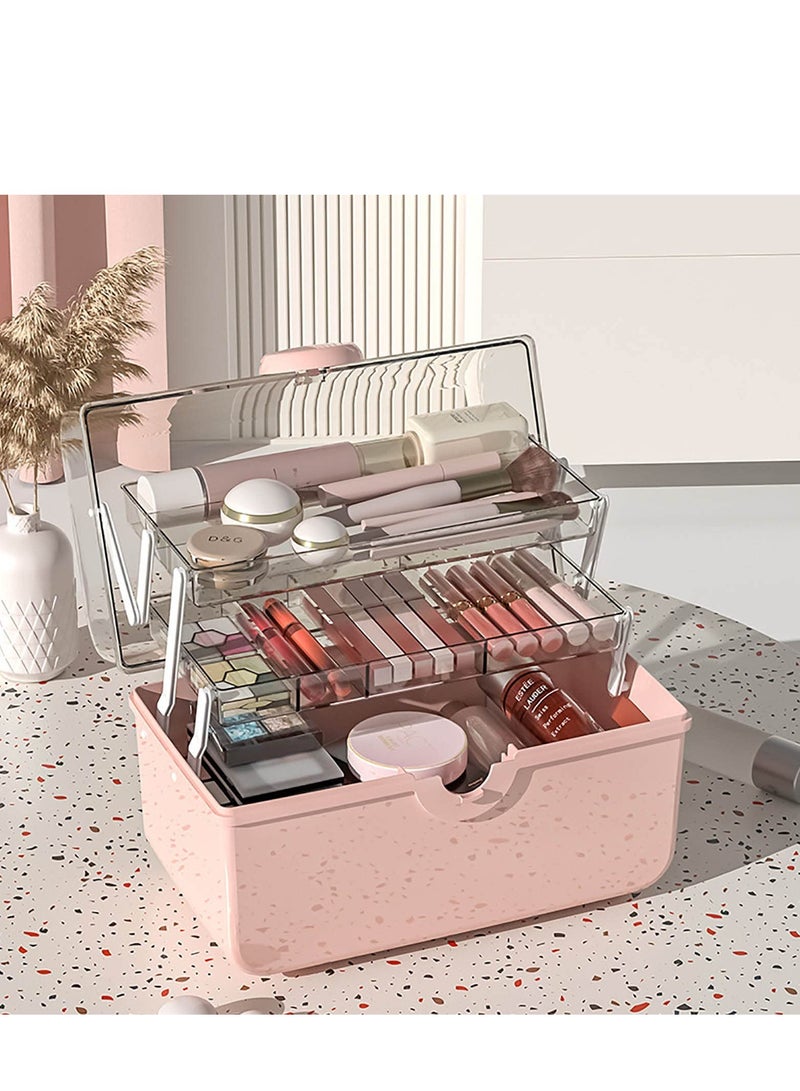 Zikra Makeup Storage Organizer, Large Capacity Makeup Organizer with Transparent Visual Cover, Handle 3 Layers Portable Cosmetic Storage Box Easily Organize Your Cosmetics(Pink) - Image 4