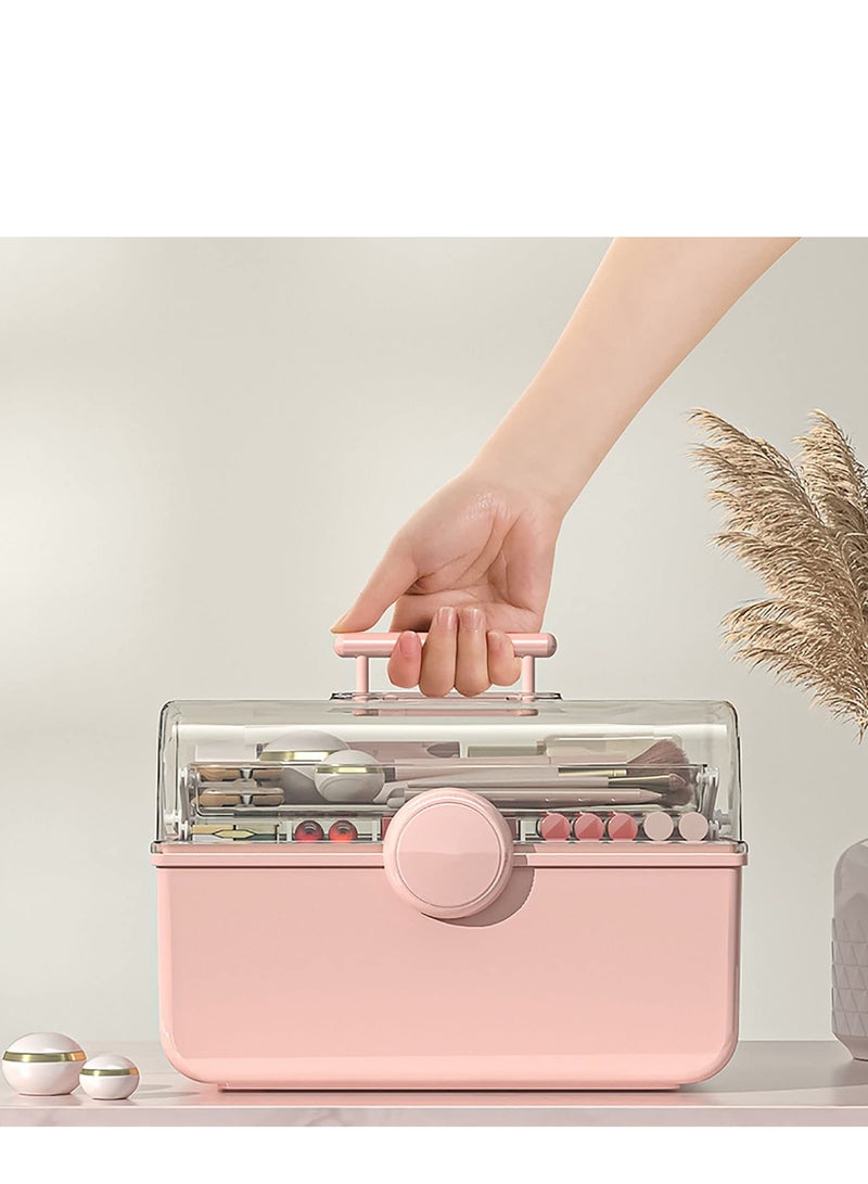 Zikra Makeup Storage Organizer, Large Capacity Makeup Organizer with Transparent Visual Cover, Handle 3 Layers Portable Cosmetic Storage Box Easily Organize Your Cosmetics(Pink) - Image 5