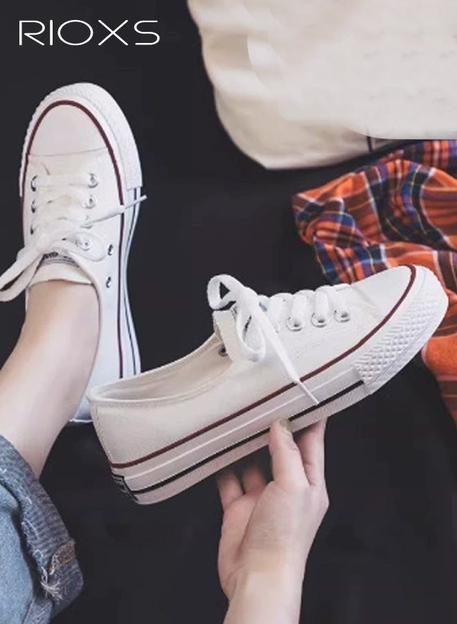 Unisex Classic Canvas Sneakers, Men's Low Top Sneakers, Women's Comfort Shoes, Retro-Style Lace-Up Flat Espadrilles for Men and Women, Lightweight Walking Sneakers, Non-Slip Rubber-Soled Casual Sports Shoes, Breathable Espadrilles Shoes for Woman Man Driving/ Traveling/ Shopping/ Daily Wear, Street Style Fashion Footwear Classic White Athlesiure Shoes - Image 4