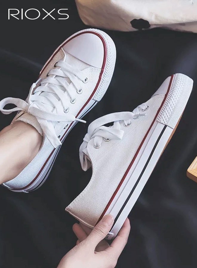 Unisex Classic Canvas Sneakers, Men's Low Top Sneakers, Women's Comfort Shoes, Retro-Style Lace-Up Flat Espadrilles for Men and Women, Lightweight Walking Sneakers, Non-Slip Rubber-Soled Casual Sports Shoes, Breathable Espadrilles Shoes for Woman Man Driving/ Traveling/ Shopping/ Daily Wear, Street Style Fashion Footwear Classic White Athlesiure Shoes - Image 2