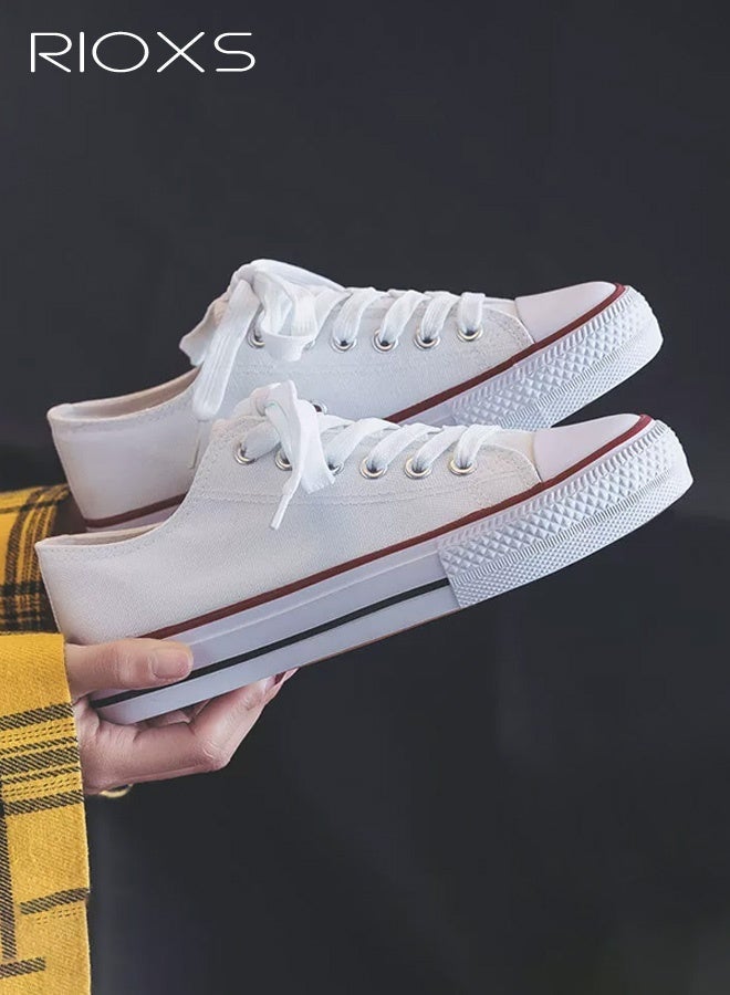 Unisex Classic Canvas Sneakers, Men's Low Top Sneakers, Women's Comfort Shoes, Retro-Style Lace-Up Flat Espadrilles for Men and Women, Lightweight Walking Sneakers, Non-Slip Rubber-Soled Casual Sports Shoes, Breathable Espadrilles Shoes for Woman Man Driving/ Traveling/ Shopping/ Daily Wear, Street Style Fashion Footwear Classic White Athlesiure Shoes - Image 1
