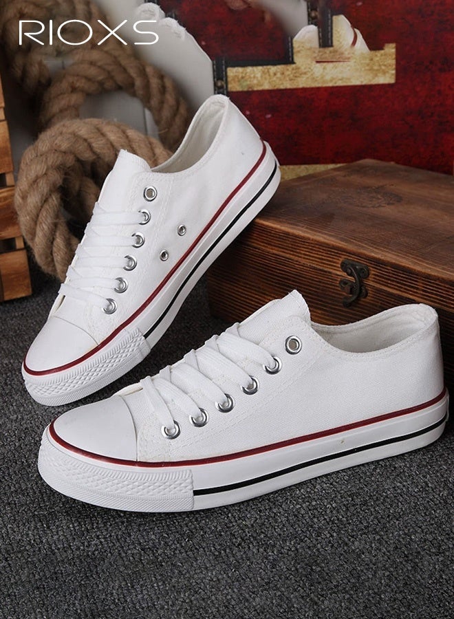 Unisex Classic Canvas Sneakers, Men's Low Top Sneakers, Women's Comfort Shoes, Retro-Style Lace-Up Flat Espadrilles for Men and Women, Lightweight Walking Sneakers, Non-Slip Rubber-Soled Casual Sports Shoes, Breathable Espadrilles Shoes for Woman Man Driving/ Traveling/ Shopping/ Daily Wear, Street Style Fashion Footwear Classic White Athlesiure Shoes - Image 3