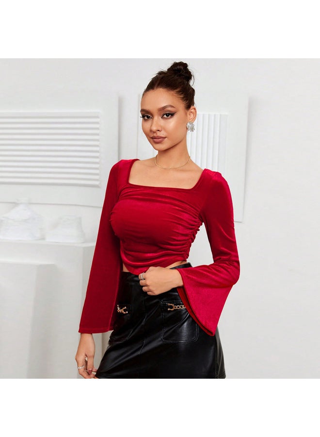 Red Velvet Square Neck Top – French Retro Style, Elegant