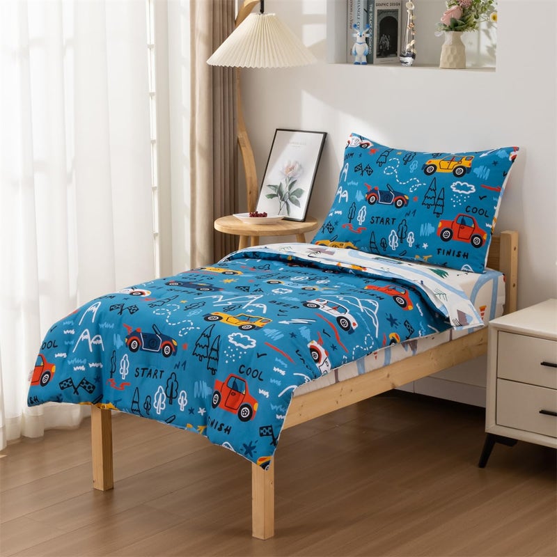 NTBED 4 Pieces Racing Car Toddler Bedding Set for Baby Boys, Hill Vehicles Transportation Printed, Includes Comforter, Flat Sheet, Fitted Sheet and Pillowcase,Blue - Image 3