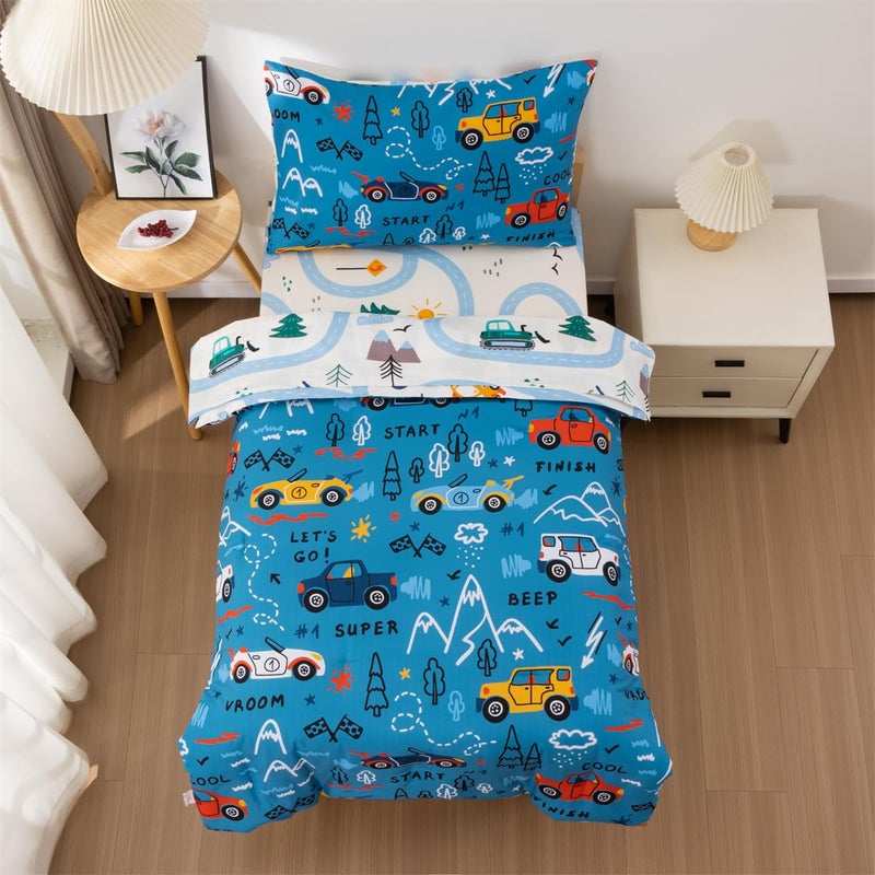 NTBED 4 Pieces Racing Car Toddler Bedding Set for Baby Boys, Hill Vehicles Transportation Printed, Includes Comforter, Flat Sheet, Fitted Sheet and Pillowcase,Blue - Image 2