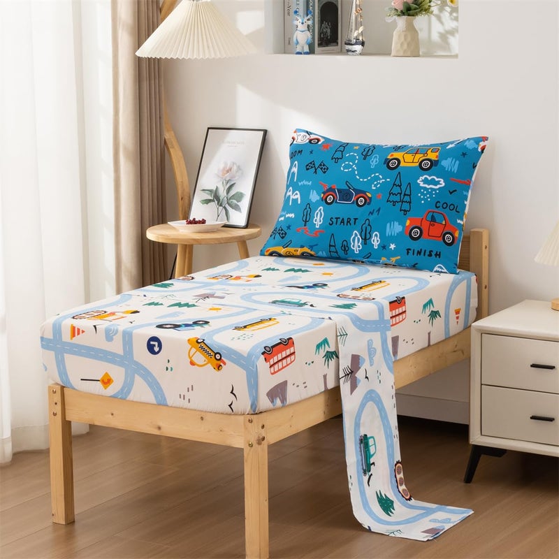 NTBED 4 Pieces Racing Car Toddler Bedding Set for Baby Boys, Hill Vehicles Transportation Printed, Includes Comforter, Flat Sheet, Fitted Sheet and Pillowcase,Blue - Image 4