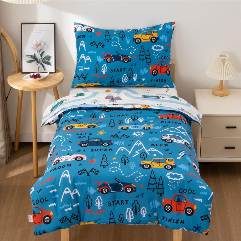 NTBED 4 Pieces Racing Car Toddler Bedding Set for Baby Boys, Hill Vehicles Transportation Printed, Includes Comforter, Flat Sheet, Fitted Sheet and Pillowcase,Blue - Image 1