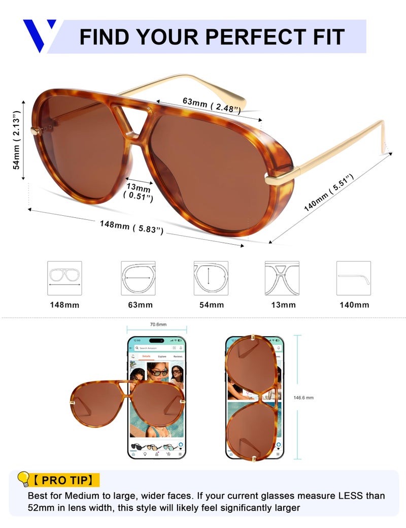 VANLINKER Trendy Polarized Aviator Sunglasses for Women Men Retro Oversized Round Sunglasses Vintage Side Shield Shades VL9798, Tortoise/Reddish Brown - Image 5