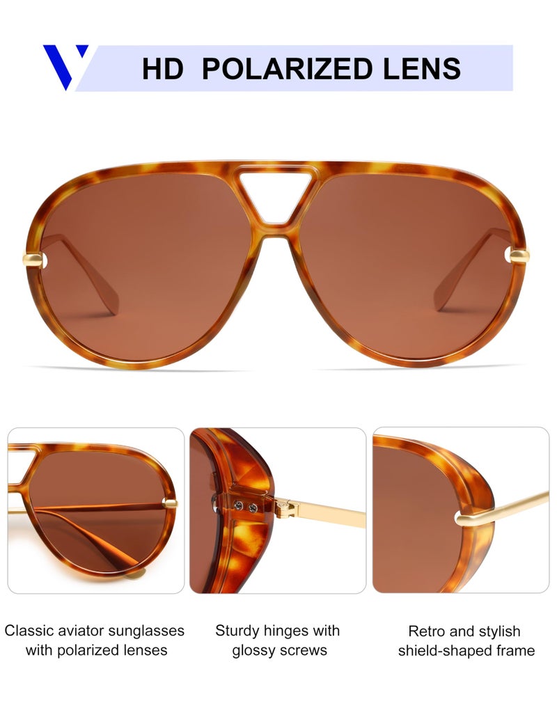 VANLINKER Trendy Polarized Aviator Sunglasses for Women Men Retro Oversized Round Sunglasses Vintage Side Shield Shades VL9798, Tortoise/Reddish Brown - Image 4