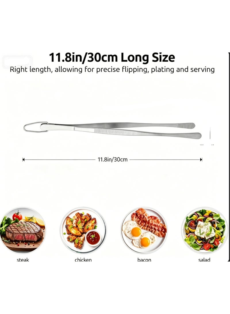 11.8in/30cm Stainless Steel Kitchen Tongs, Food Grade Non-Slip Cooking Tweezers for Steak, BBQ and Serving - Image 3
