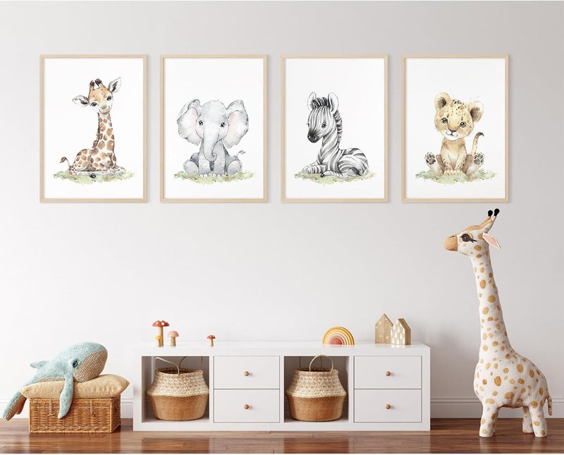 Baccone Safari Nursery Wall Art Decor Baby Animal Canvas Wall Art Woodland Nursery Wall Decor Kids Jungle Animal Pictures Safari Giraffe Elephant Tiger Prints for Room Bedroom Set of 4 12x16 Inch Unframed - Image 3