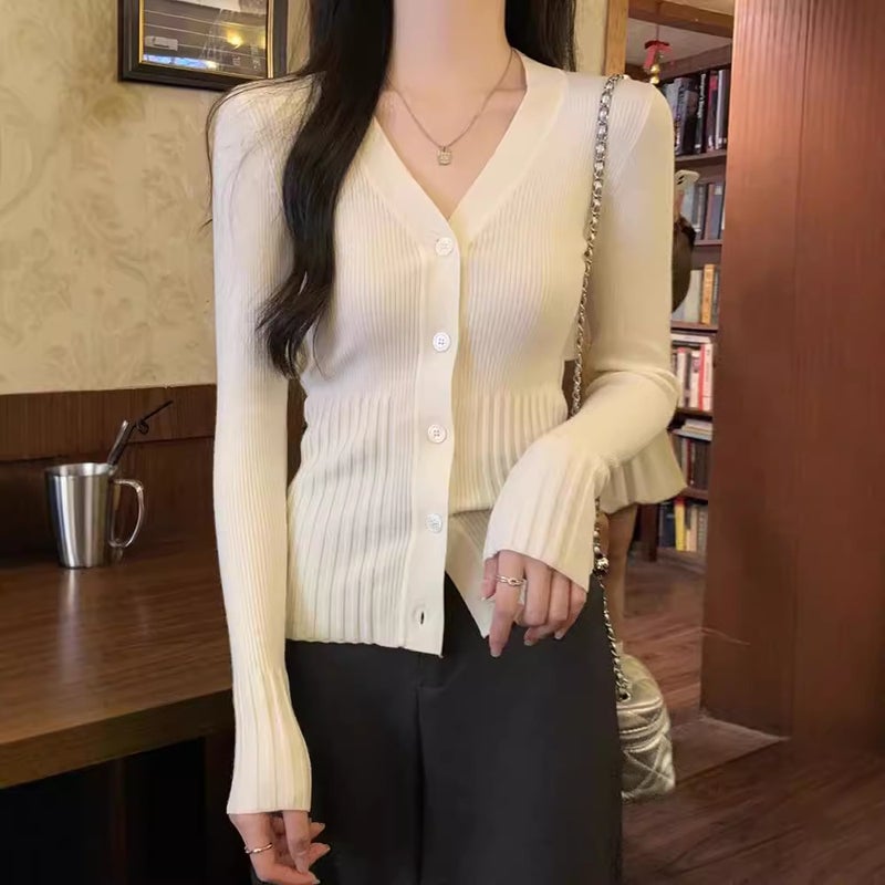 Autumn V-Neck Elegant Design Knitted Inner Cardigan Women'S Slim-Fit Slimming Thin Base Shirt Early Autumn Top - Image 1