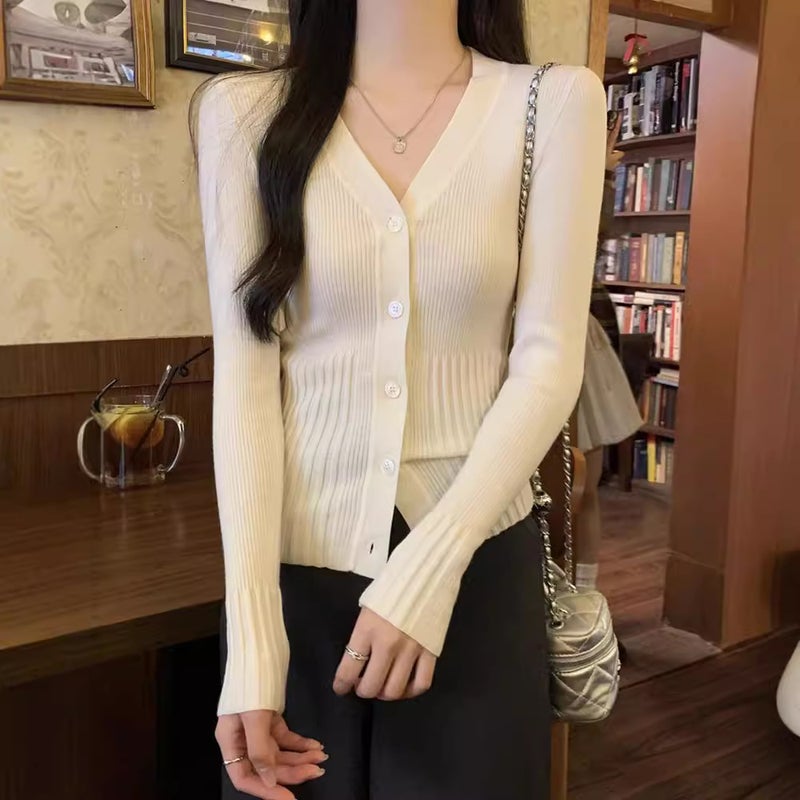 Autumn V-Neck Elegant Design Knitted Inner Cardigan Women'S Slim-Fit Slimming Thin Base Shirt Early Autumn Top - Image 4