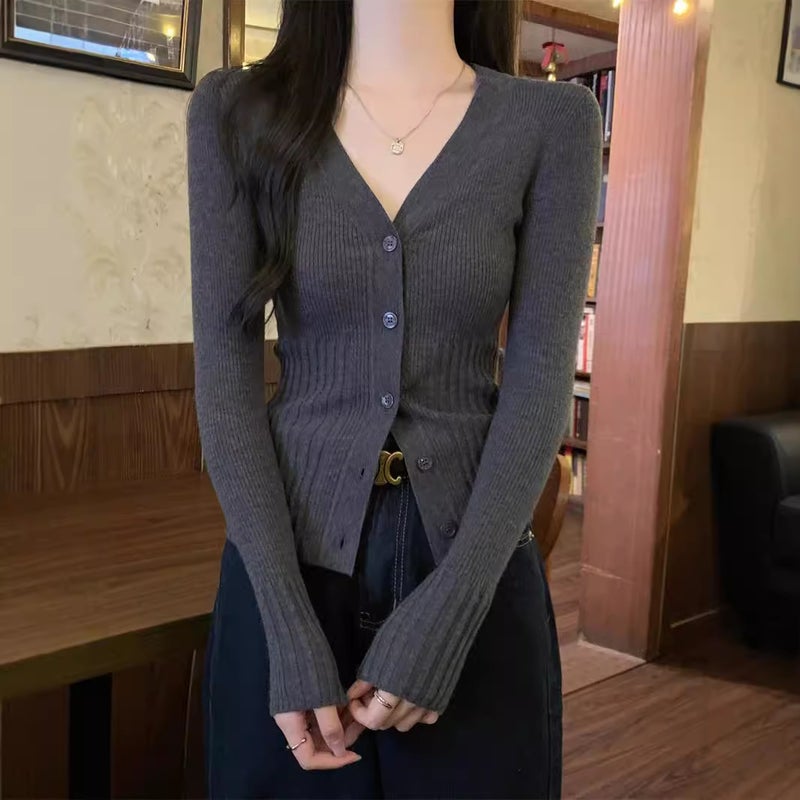 Autumn V-Neck Elegant Design Knitted Inner Cardigan Women'S Slim-Fit Slimming Thin Base Shirt Early Autumn Top - Image 2